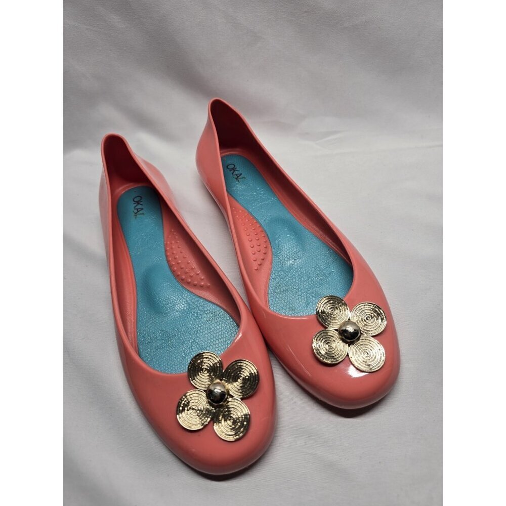 Oka B Women’s Coral Ballet Flats With Metal Accent Flower Rubber Shoes Size 10